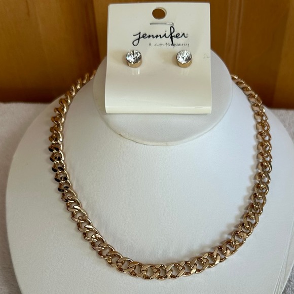NWT, Jennifer & CO. Women’s Gold & Crystal Earring & Necklace Set, Reversible. - Picture 6 of 14